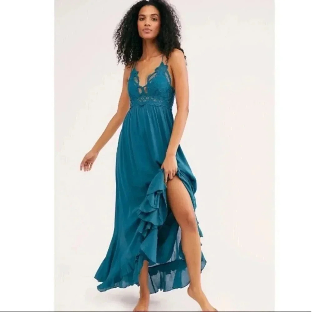 Free People Adella Maxi Slip Dress Long Lace in Teal Jewel Blue